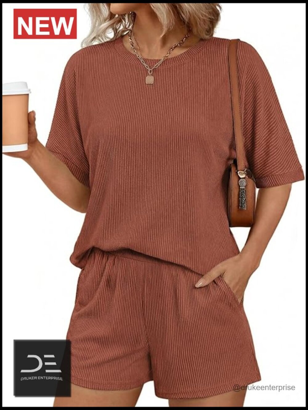 2 Piece Lounge Set Ribbed Knit Short Sleeve Matching Sets with Pocket